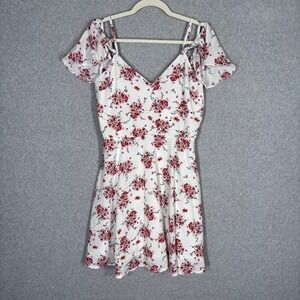 Floral Cold Shoulder Mini Dress Medium White Red Cottage Feminine Coquette